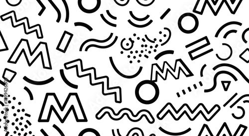 Dynamic black and white abstract pattern with playful geometric shapes, lines, and scattered dots, evoking a retro aesthetic.