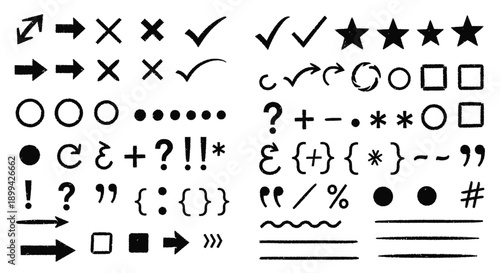 A comprehensive collection of hand-drawn symbols, arrows, punctuation, and various graphic elements for design and annotation.