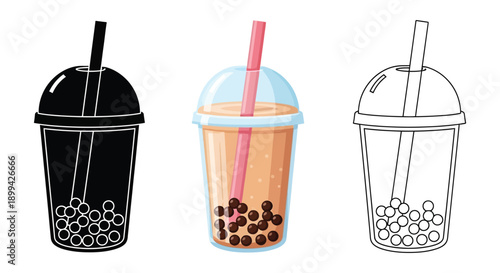 Set of three bubble tea cup illustrations in silhouette, color, and outline styles