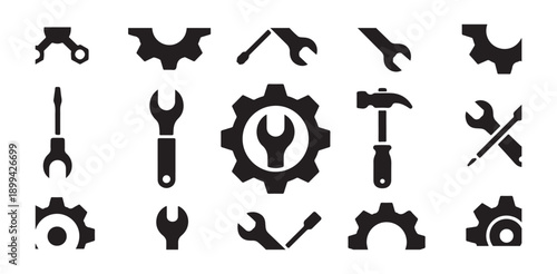 Tools and gears vector icons set maintenance and settings concept illustration mechanical kit