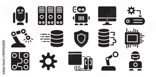 Robotics and automation icons with robots processors and machinery for industrial and technology concepts