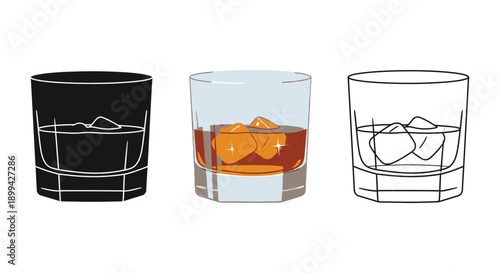 Set of three whiskey glass illustrations with ice in silhouette, color, and outline