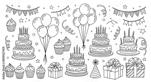 A collection of hand-drawn birthday party elements including cakes, balloons, gifts, cupcakes, and banners in a doodle style.