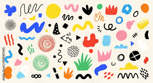 A vibrant collection of abstract hand-drawn shapes and doodle elements in various colors and styles, perfect for graphic design resources.