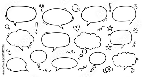 A collection of hand-drawn speech and thought bubbles with doodle elements on a white background, perfect for communication concepts.