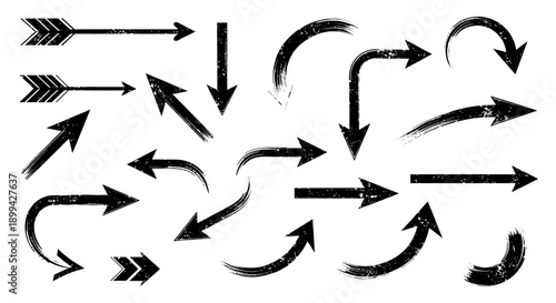 A collection of various black grunge arrows pointing in multiple directions with different styles and textures.