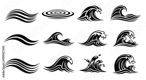 A collection of black and white vector illustrations depicting various styles of ocean and water waves, including ripples, breaking waves, and splashes.