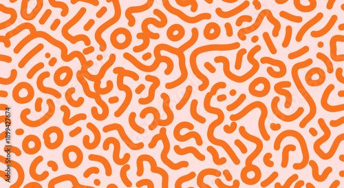 Abstract seamless pattern with orange squiggly lines and organic shapes on a light pink background, creating a playful and modern design.