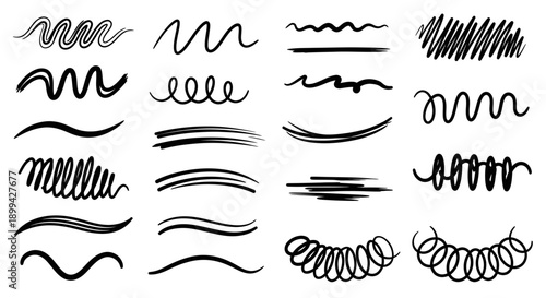 A collection of various hand-drawn black lines, squiggles, underlines, and brush strokes on a white background, suitable for design elements and decorative accents.
