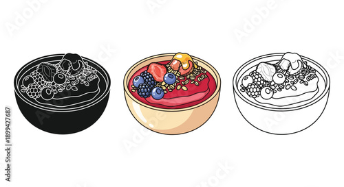 Set of three smoothie bowl illustrations in silhouette, color, and outline styles
