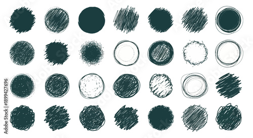 A collection of hand-drawn circular shapes with varying textures and fill patterns, presented in a grid.
