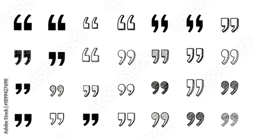 A collection of various styles and designs of quotation marks and double quotes, presented in multiple rows and columns.
