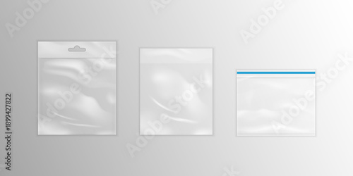 High resolution plastic clear transparent bags realistic illustration isolated on white background ideal for packaging retail product presentation branding and mockup design use