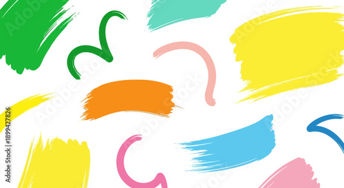 A vibrant collection of colorful abstract brush strokes and painted shapes on a clean white background, creating a playful artistic pattern.