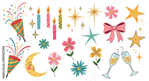 A vibrant collection of festive elements including party poppers, birthday candles, stars, flowers, a crescent moon, and champagne glasses.