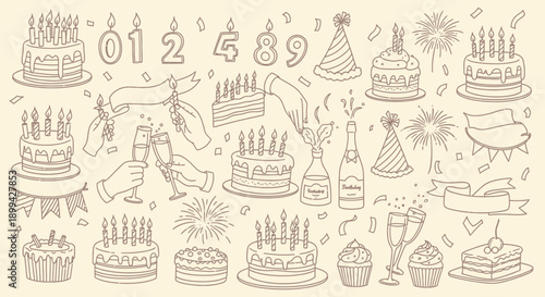 A delightful collection of hand-drawn birthday elements including cakes, candles, numbers, party hats, champagne, and fireworks, all in a charming sketch style.