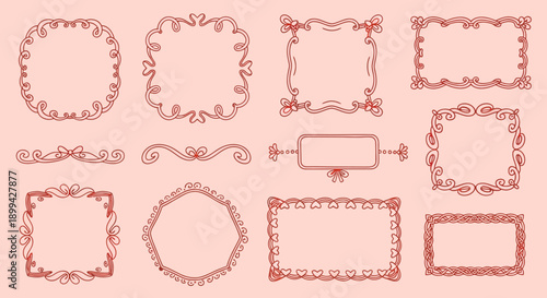 A collection of ornate reddish-brown decorative frames and borders with intricate scrollwork and ribbon details on a light pink background.