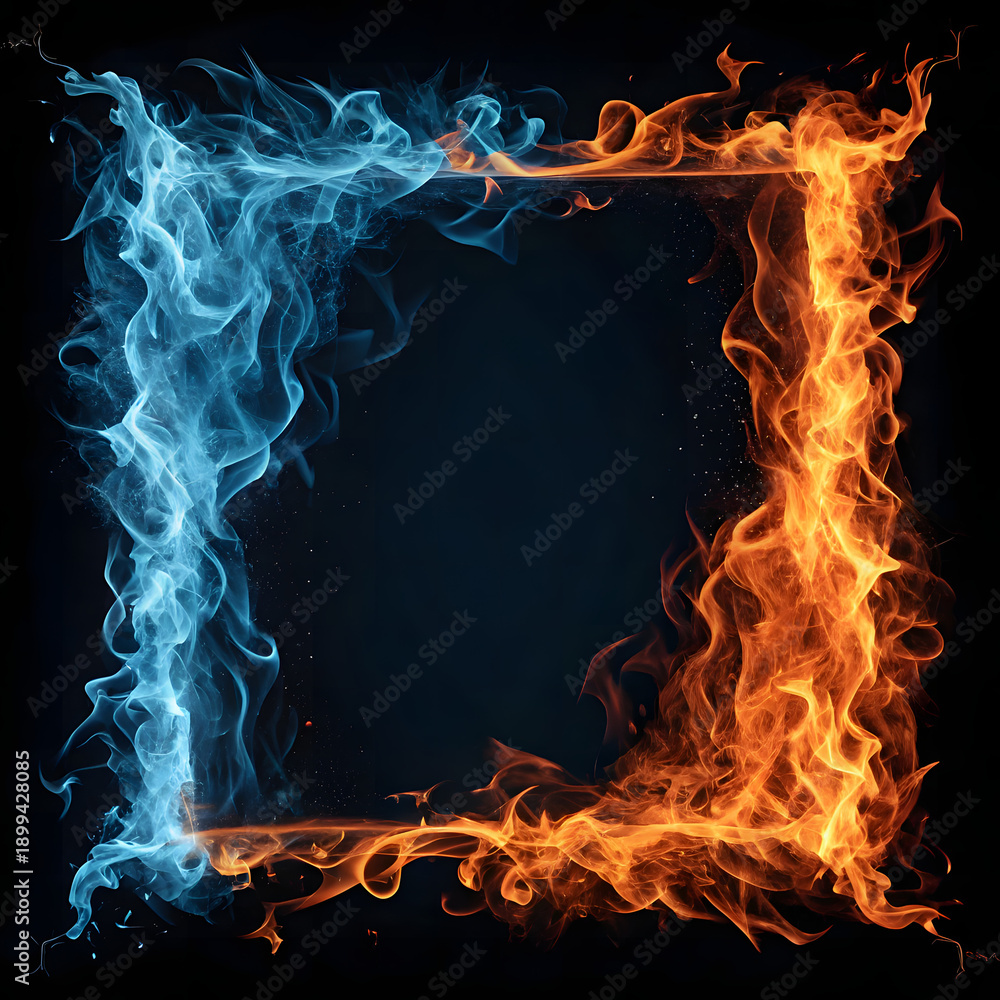 Fototapeta premium Fiery and icy flame frame isolated on black background