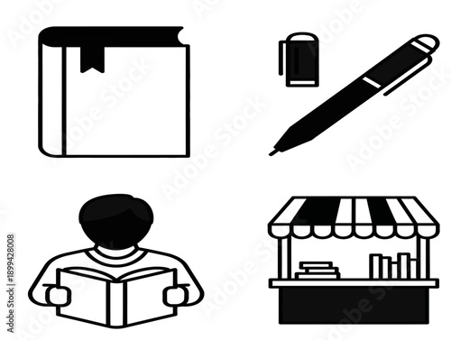 Various icons representing books, writing, reading, and a bookstore