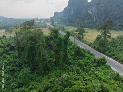 Aerial view of winding road through dense forest near towering cliffs.