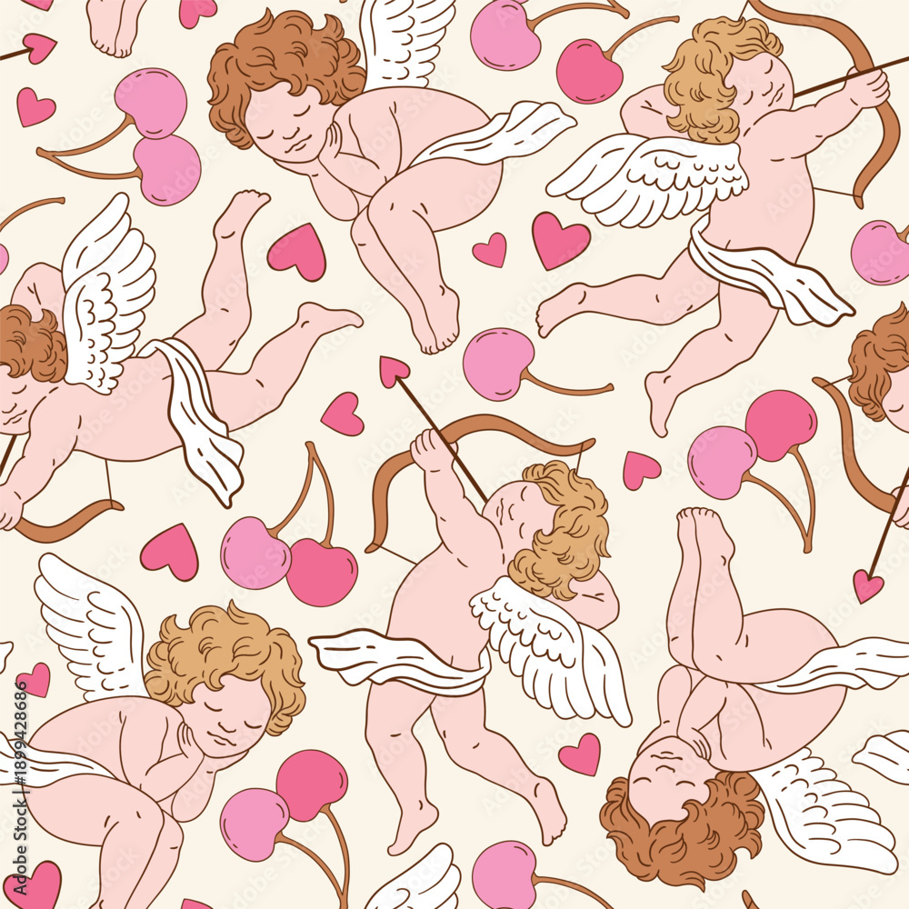 Fototapeta premium Seamless vector pattern with Valentine angel character with cherry and hearts. Cute vintage cupid illustration for fabric or print design.