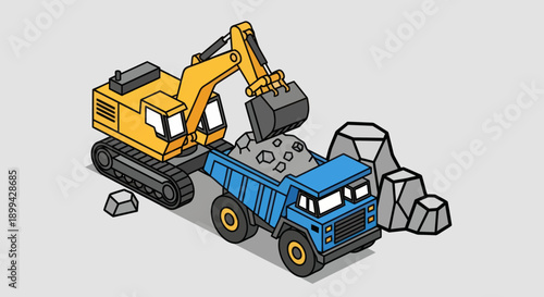 Yellow Excavator Loading Rocks into Blue Dump Truck.