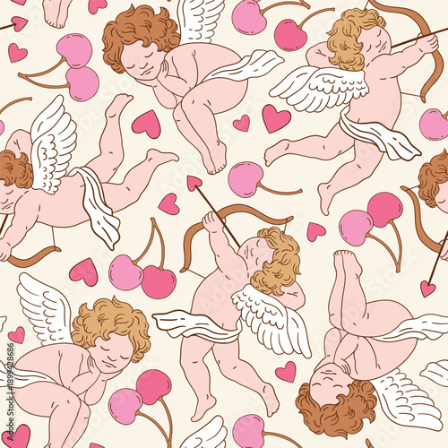 Seamless vector pattern with Valentine angel character with cherry and hearts. Cute vintage cupid illustration for fabric or print design.