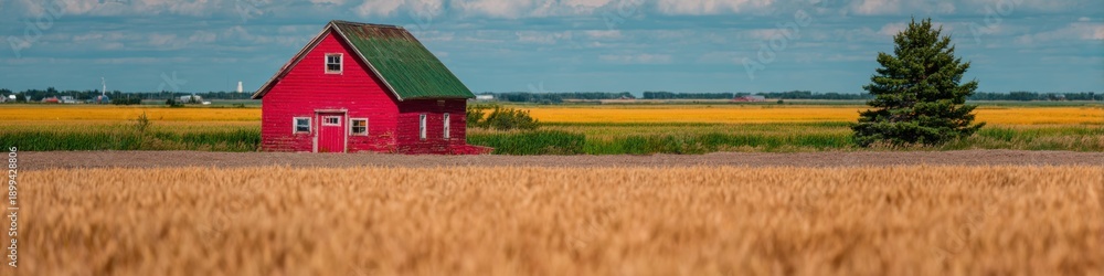 Obraz premium Vibrant red barn standing in golden wheat field under clear blue sky, traditional rural farm landscape for agricultural heritage and food production concepts