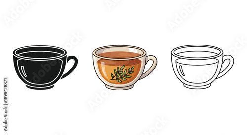 Set of three teacup illustrations in silhouette, color, and outline drawing