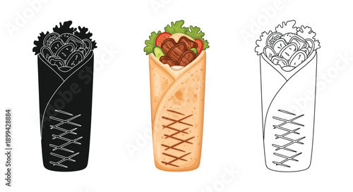 Set of three shawarma or kebab wrap icons in color, silhouette, and outline styles