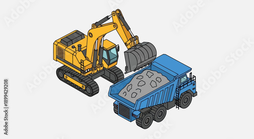 Yellow Excavator and Blue Dump Truck.