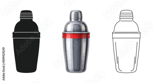 Set of three cocktail shaker illustrations in silhouette, color, and outline drawing