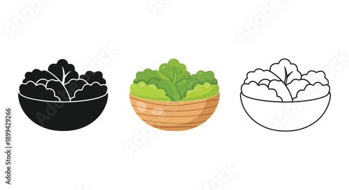 Set of three lettuce bowl icons in black silhouette, color, and outline styles
