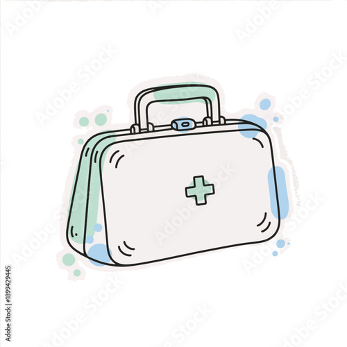 Medical doctor bag and first aid kit icon. Hand-drawn doodle style vector illustration. Healthcare and medicine concept isolated on transparent background