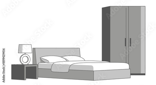 A minimalist bedroom illustration featuring a neatly arranged bed, simple furniture, and clean interior design. The calm color palette and uncluttered layout create a peaceful and relaxing atmosphere 
