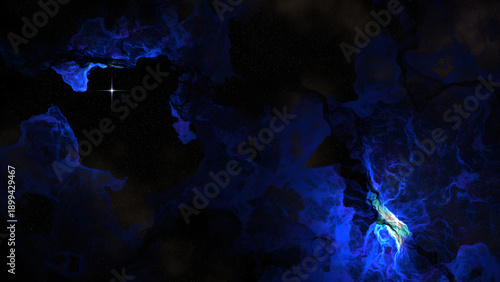 Vast cosmic landscape featuring glowing blue and purple nebulae, a brilliant star, and a dense field of distant stars, evoking wonder and the immensity of space.