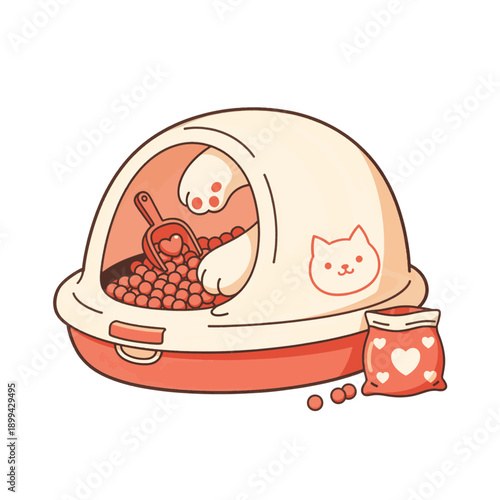 Cat litter box and pet care accessories. Cartoon vector illustration of hooded litter tray with paws and scoop. Isolated on transparent background
