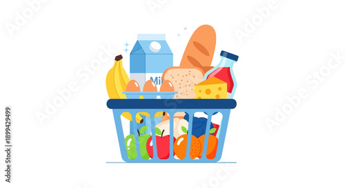 A colorful grocery shopping illustration featuring a basket filled with fresh food items including fruits, vegetables, bread, milk, and daily essentials. The bright and friendly design represents heal