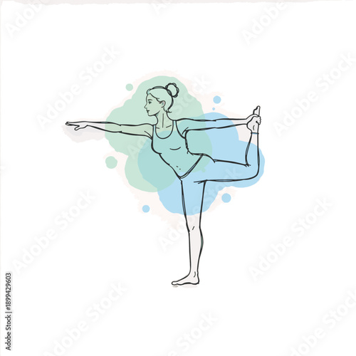 Yoga pose woman line art illustration. Lord of the dance pose with watercolor splashes. Minimalist vector graphic isolated on transparent background
