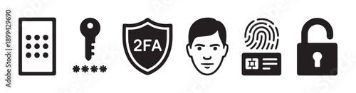 Set of vector security and authentication icons featuring biometrics password 2fa and unlocked padlock