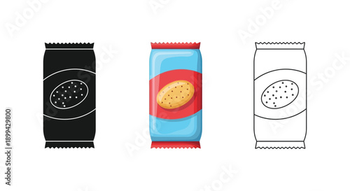 Set of three potato chip bag icons in solid black, color, and outline styles