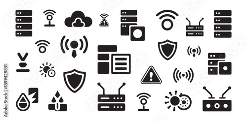 Network server infrastructure safety protection icon set includes internet data communication warning signs