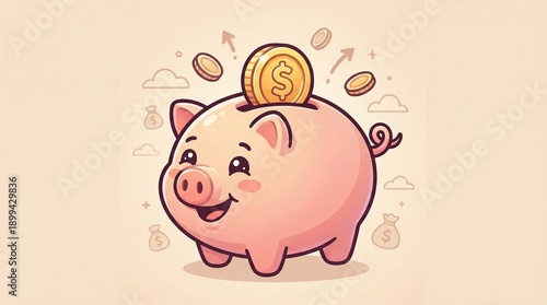 Cartoon-style pink piggy bank with smiling face receiving a gold coin from a hand.