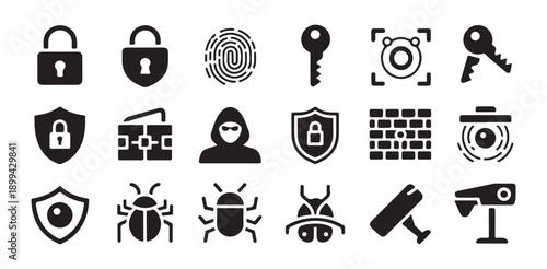 Cybersecurity protection icons featuring locks shields keys fingerprint detection hacker and surveillance cameras set