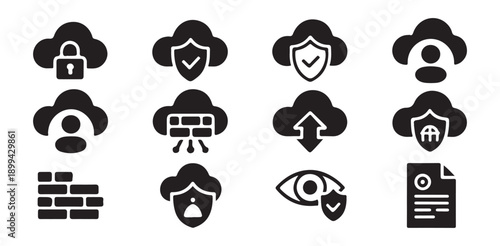 Cloud computing security icon set representing data protection user authentication firewall and sensitive document