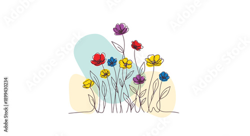 Colorful floral vector illustration, wildflowers or garden flowers, for banner or poster, isolated on transparent background, png