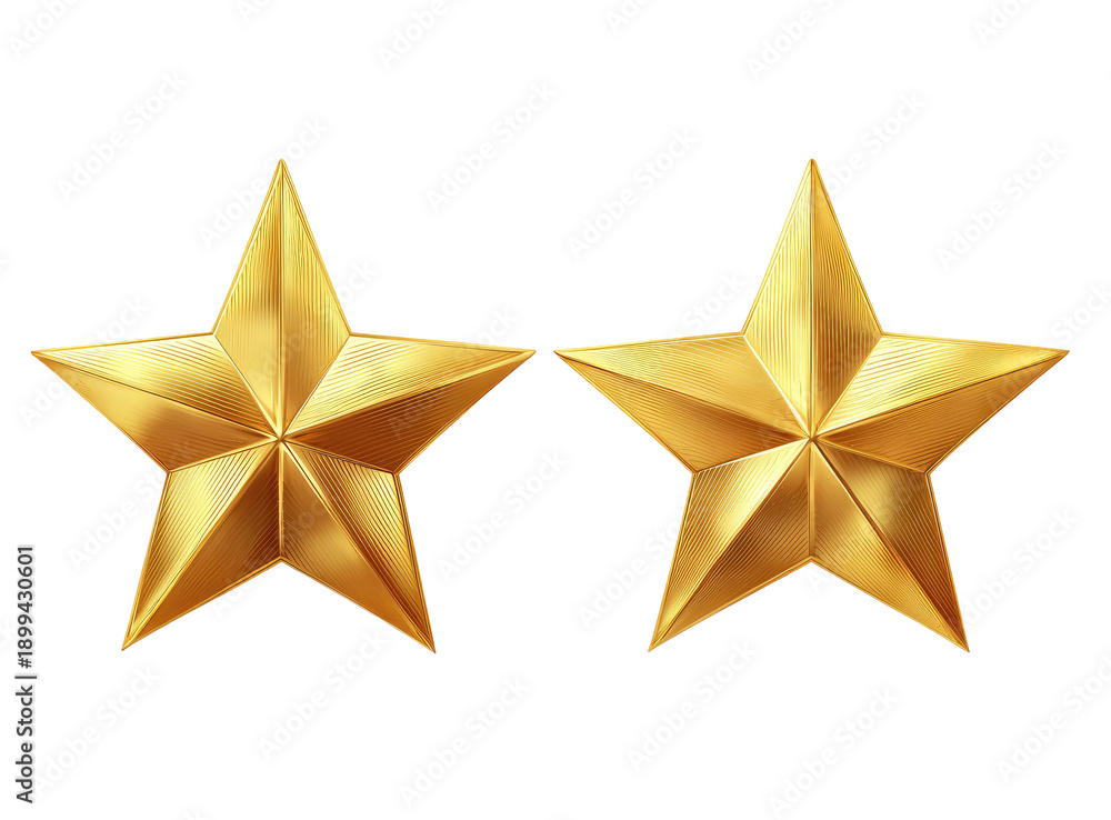 Fototapeta premium Two golden stars, sharply detailed, against a black background