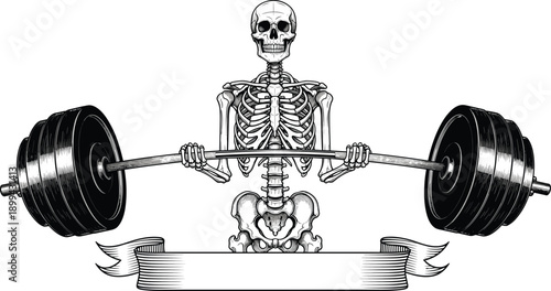 Skeleton lifting heavy barbell in black and white, anatomical fitness illustration for gym strength, endurance concept, Halloween workout, and edgy graphic design.