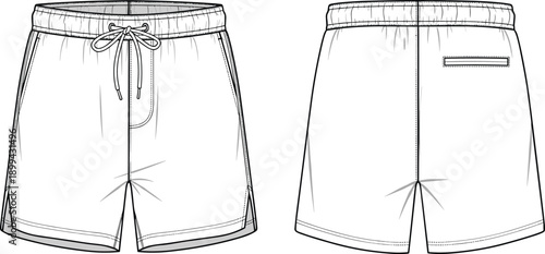 Technical flat sketch of casual shorts front and back, fashion design illustration for garment production, apparel blueprint, and clothing construction reference.