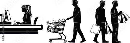 Black and white illustration of shopping stages from online browsing to in-store purchase, consumer behavior concept for retail, e-commerce, and marketing visuals.